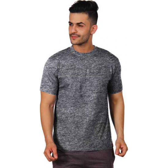 Poomer  Self Design Men Round Neck Black, Silver T-Shirt