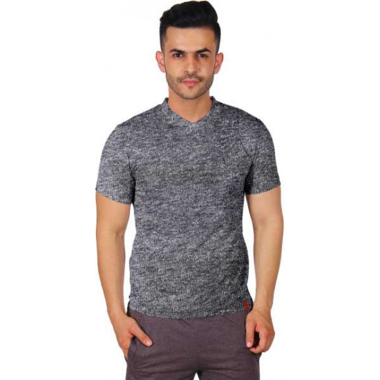 Poomer  Self Design Men V Neck Reversible Black, Silver T-Shirt